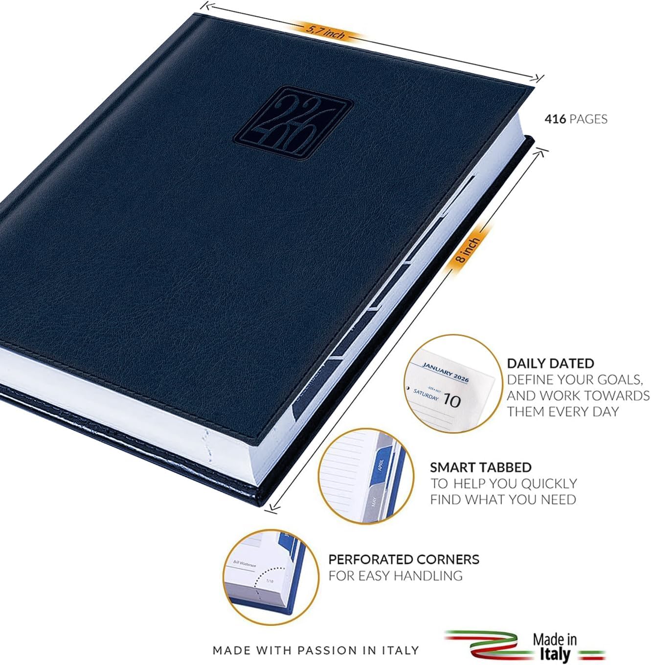 Daily Planner 2026 (5 x 7 in) - Made in Italy, Page a Day Hourly Agenda, 365 Pages, Monthly Tabs & Calendar, Jan-Dec Business Planner, Hardcover (BLUE)