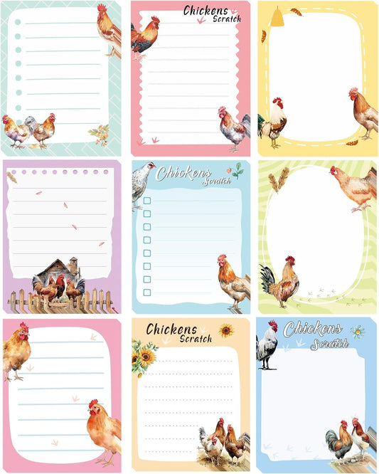 9 Pack Funny Chicken Sticky Notes Set, 450 Sheets Farm-Themed Self-Stick Notepads with Cute Hen and Rooster Designs, Country Gifts for Women Chicken Lovers or Office Use