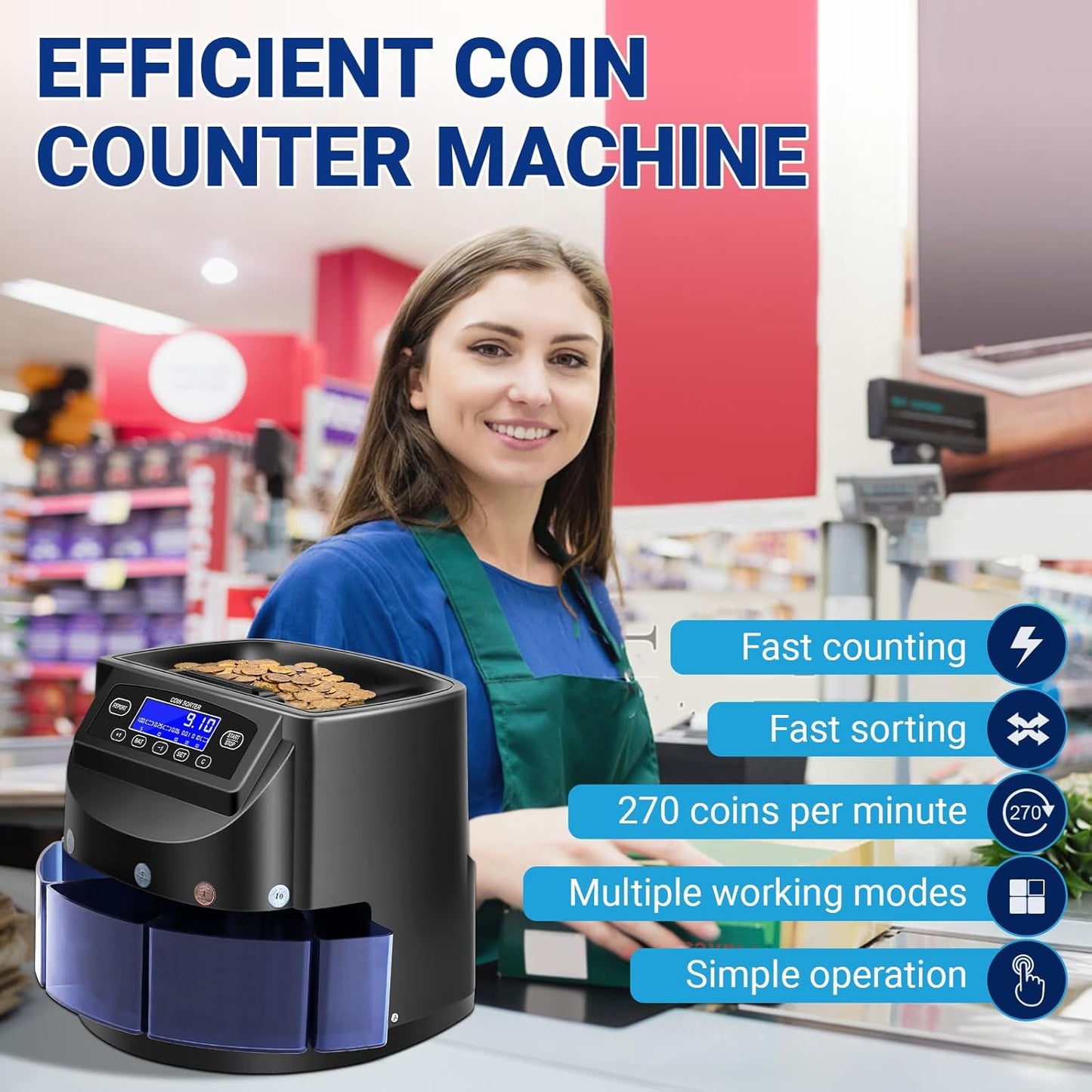 Coin Counter and USD Coin Sorter with LCD Display, Automatic Change Counter for 1￠ 5￠ 10￠ 25￠ $1, 270 Coins/min, 300-Coin Capacity, Coin Sorter and Wrapper Machine for Fast & Accurate Sorting