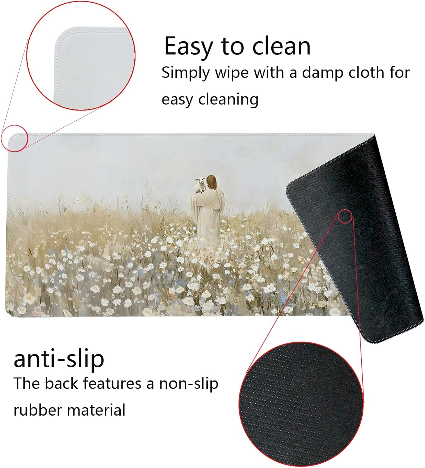 Christian Themed Mouse Pad,Jesus Religious Mouse Pad,Large Vintage Easter Decor Desk Mat,Jesus Find The Lost Lamb,White Floral Desk Mat,Religious Gifts Christian Gifts for Women,31.5x11.8