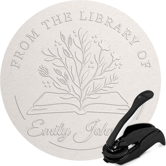 Custom Library Embosser - Style 101 - Embosser, Wood Stamp or Self Inking Stamp - Book Embosser Includes 50 Gold Seals - Custom Stamp Seal from The Library of