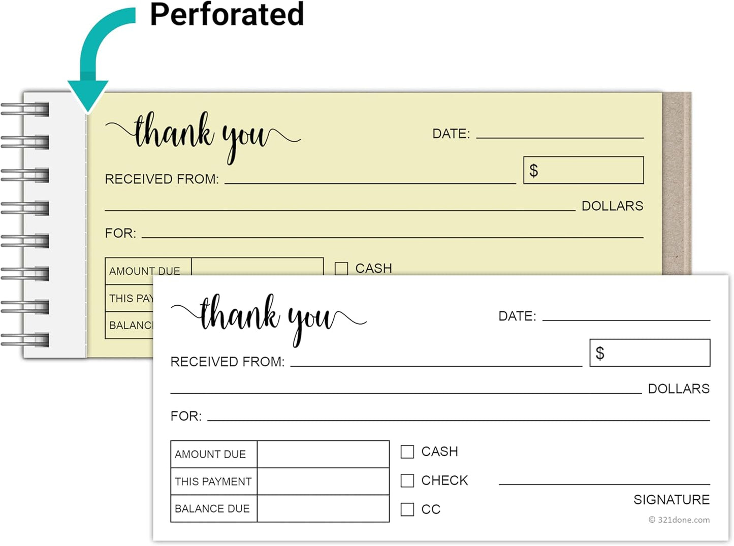321Done Thank You Receipt Book, Made in USA - 2.75x6, 2-Part Carbonless Spiral Bound, Sales Order Form, Invoice Pad with Carbon Copies for Small Business - 50 White/Yellow Pages
