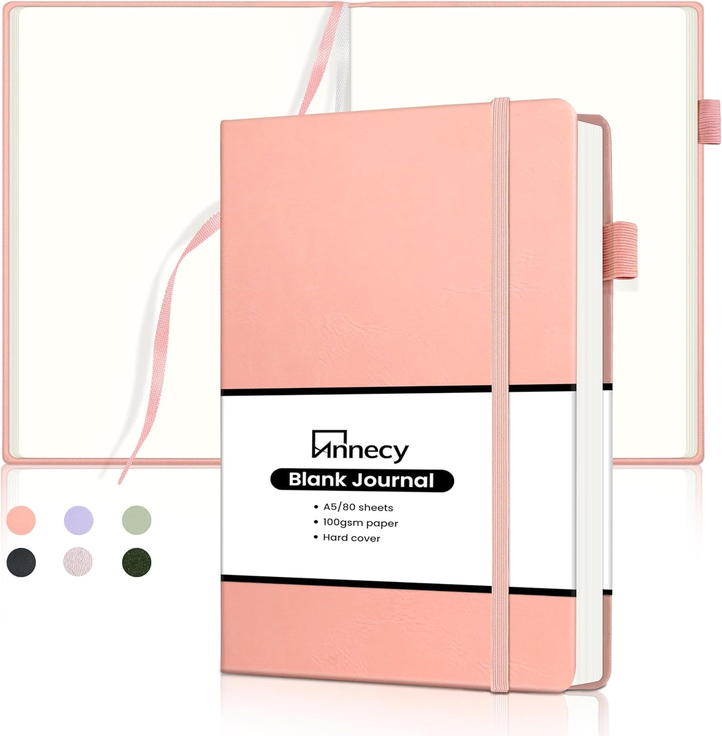 Annecy Blank Journal Notebook, Medium 5.5x 8.25, 160 Pages 100GSM Writing Paper, A5 Peach Pink Faux Leather Cover with Pen Loop