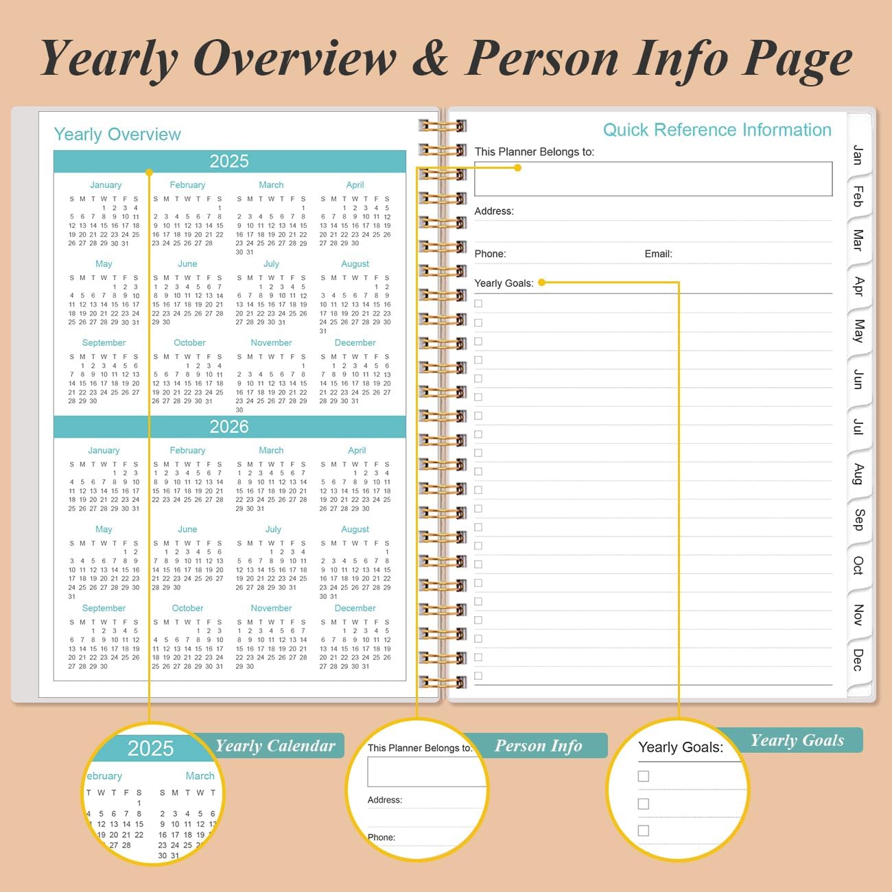 2025-2026 Monthly Planner - July 2025 - December 2026, Two Pages Per Month, 18 Monthly Calendar/Planner with Tabs, Strong Twin-Wire Binding, Inner Pocket, 6.4" x 8.5", Rose Leaf