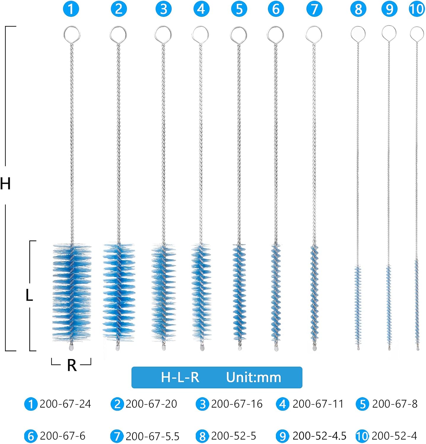 CiaraQ Bottle Cleaning Brushes, 8 Inch Nylon Tube Brush Set, Cleaner for Narrow Neck Bottles Cups with Hook, Set of 10pcs. Blue