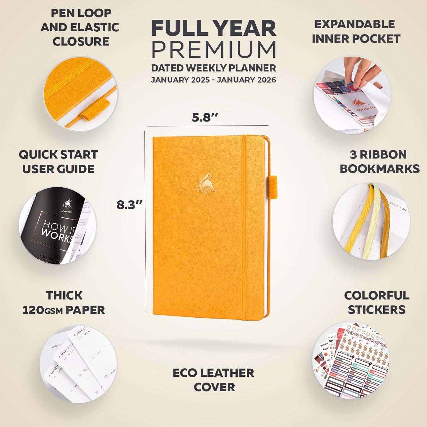 Clever Fox Dated Planner Premium 2025 – Weekly Agenda for Planning & Time Management –Notebook with Habit Tracker & To-do List (Amber Yellow)