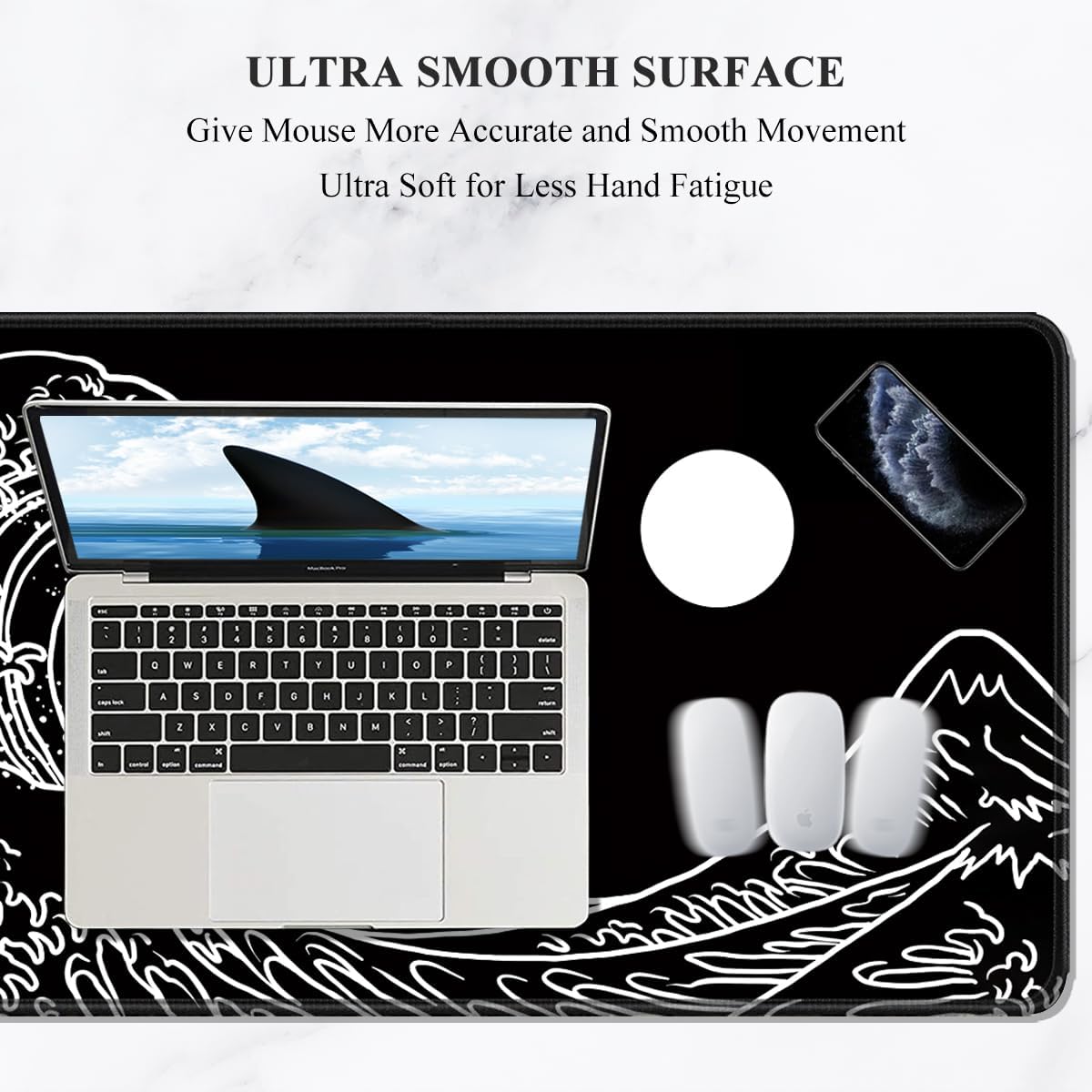 Auhoahsil Large Mouse Pad, XXL Gaming Mousepad, Desk Mat for Desktop, Thick Rubber, Big & Long Size, Stitched Edges, Full Desk Pad for Laptop & Computer, Extended 35.4 x 15.7 in, Black Great Wave