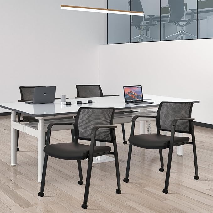 CLATINA Stacking Office Chair with Wheels, Mesh Back Waiting Room Guest Chairs with Arms Comfortable Leather Cushion Stackable Desk Chair for Conference Reception School Side Stationary, Black, 2PK