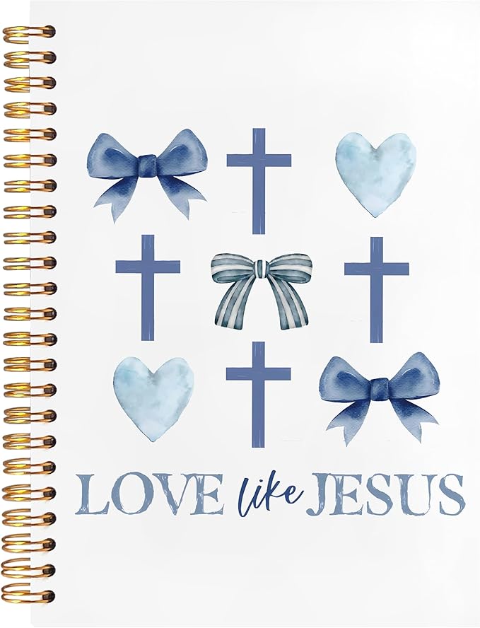 BearCake Love Like Jesus Christian Notebook Journal, Christian Gifts for Women, Blue Coquette Bow Cross Prayer Journal for Woman, Bible Journaling Hardcover Spiral Notebook 5.5x8.3