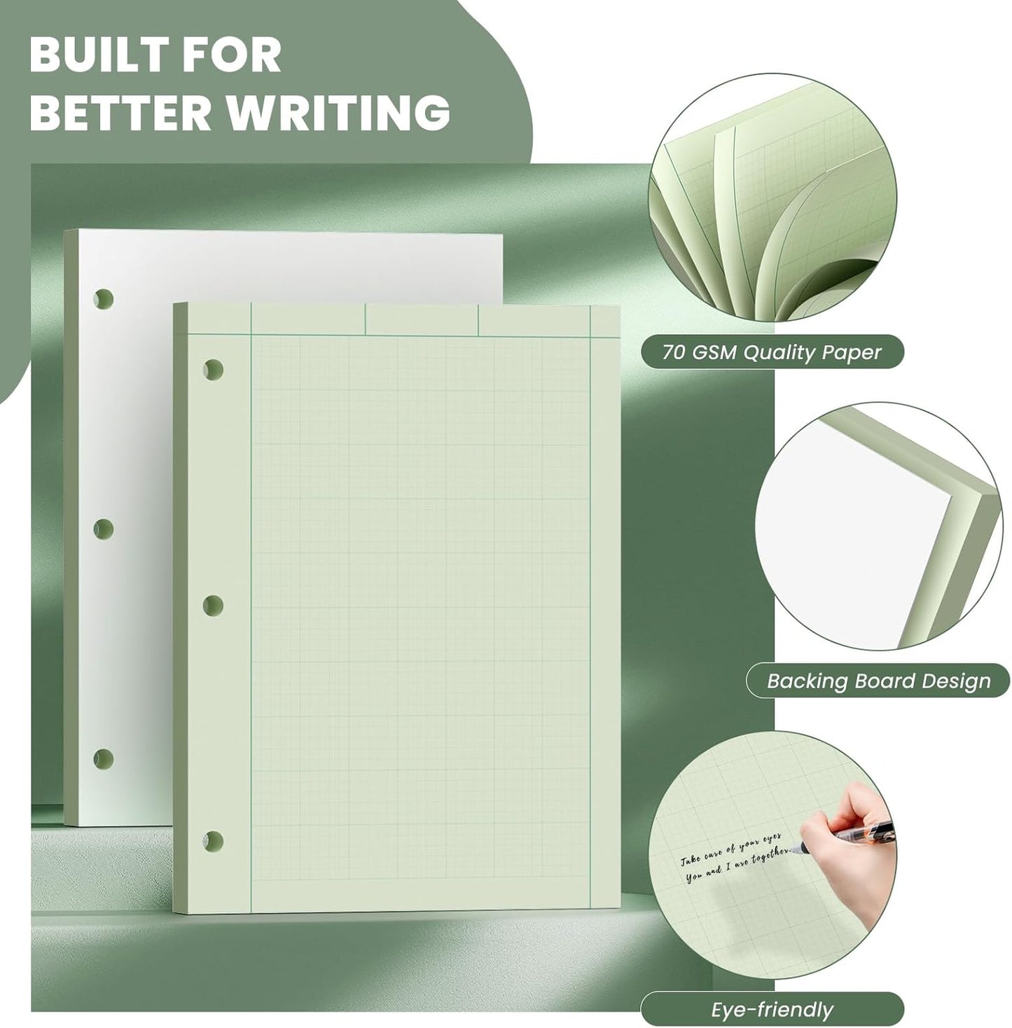 Engineering Paper 8.5 x 11, 100 Sheets Top Glue Binding Engineering Notebook, 5x5 Quad Ruled Graph Paper, 3-Hole Punched Engineering Computation Pad 8.5 x 11, Green Tint Engineering Paper Notebook