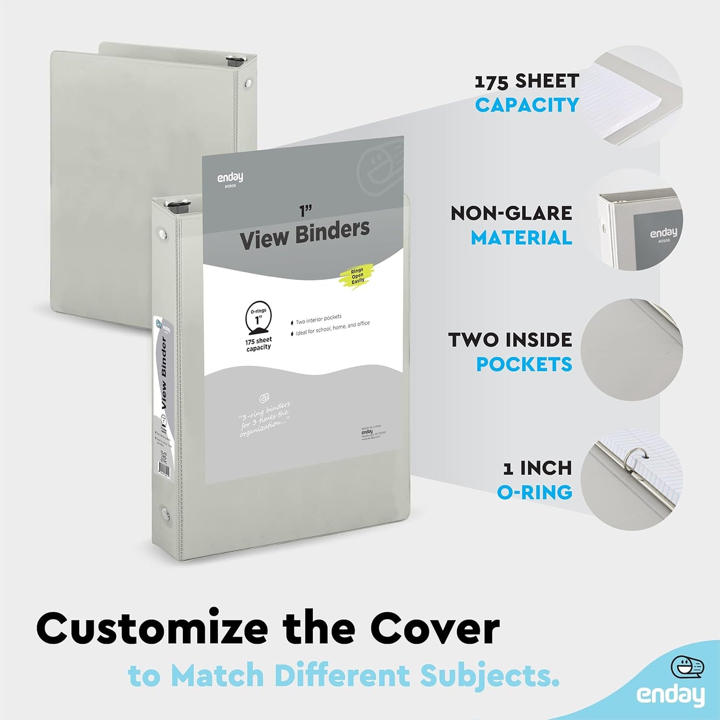 3 Ring Binder Grey, 1 Inch, 1” Clear View Cover with 2 Inside Pockets Round Ring Binder, Colored School Supplies Binders, Also Available in Pink, Blue, Purple, Green, and Red (6 PC) – by Enday