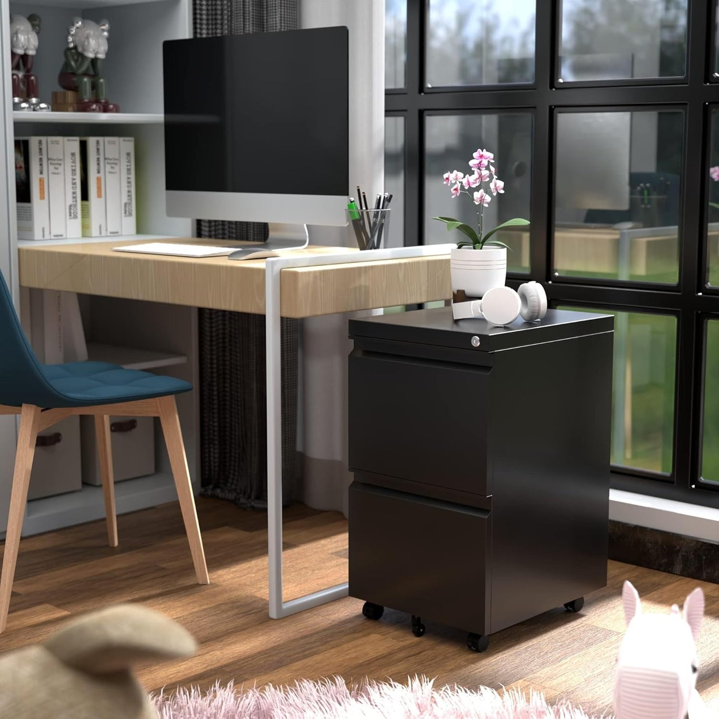 Aobabo Metal 2 Drawer Mobile File Cabinet with Lock, Under Desk Office Steel Filing Cabinet, 25.6''H Legal/Letter Size, Black, Fully Assembled Except Wheels