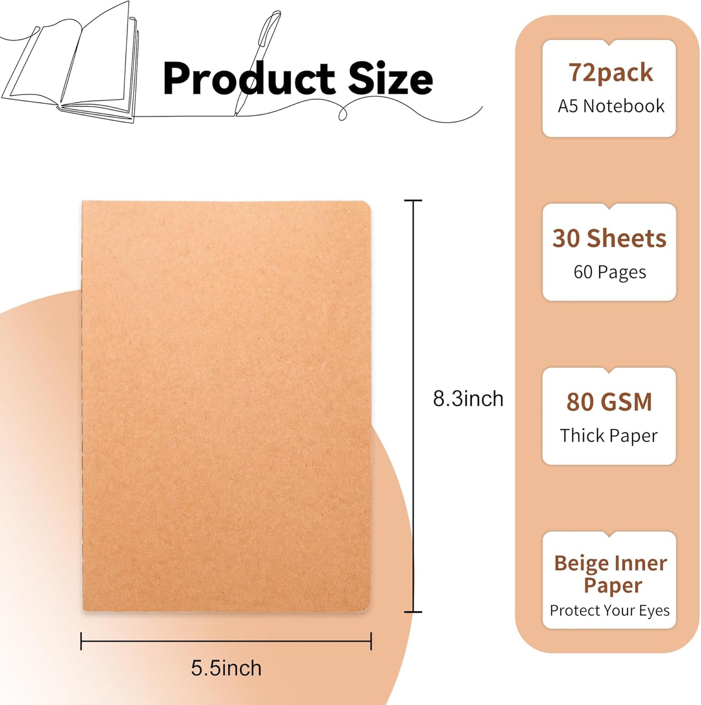 72 Pack Blank Kraft Notebooks, 8.3x5.5 Inches A5 Small Journals Bulk Blank Notebooks 80 Gsm Unlined with 60 Pages A5 Subject Notebooks Traveler Journal Set for Adult Students Back to School Supplies