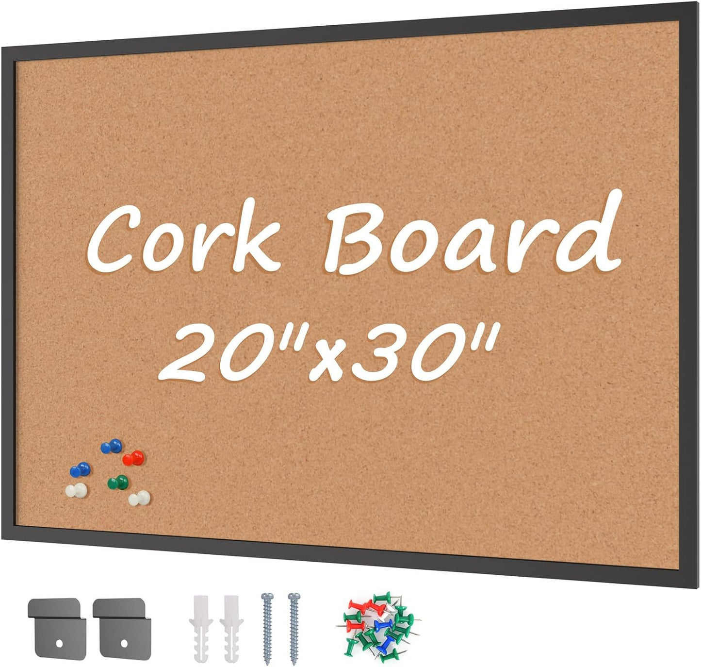 Board2by Cork Board Bulletin Board 20“ x 30”, Black Wood Framed Corkboard, Office Board for Wall Cork, Large Wall Mounted Notice Pin Board with 16 Push Pins for School, Home & Office