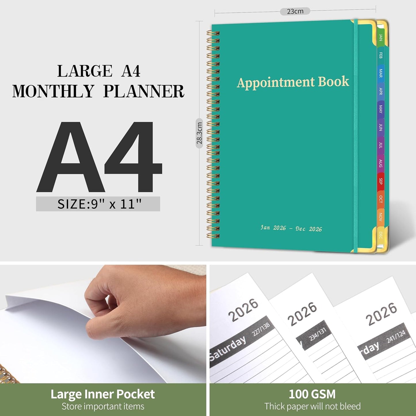 2026 Appointment Book/Planner - 2026 Daily Hourly Planner from Jan. 2026 - Dec. 2026, Weekly appointment Book 2026, 2026 Hourly planner with 20-Minute Interval, 9" x 11", Twin-Wire Binding, Colorful Tabs, Pocket