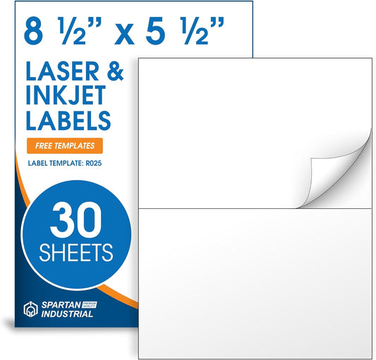 8.5" X 5.5" Printable Half-Sheet Shipping Labels Compatible with Inkjet and Laser Printers - 30 Sheets, 60 Total Matte White Paper Stickers for Mailing and Packages - Spartan Industrial