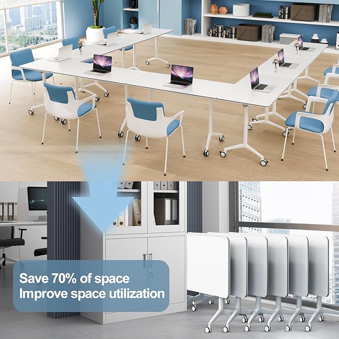 6Pack Folding Conference Room Table, Modern Conference Tables with Silent Wheels, Large Rectangular Mobile Training Tables for Office Classroom, Foldable Modular Seminar Table White (L55.1in)