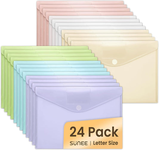 SUNEE 24 Pack Plastic Envelopes, Folders for Document for A4 Letter Size, Poly File Folders with Label Pockets for School Home Office Organizer Work Supplies, 6 Colors