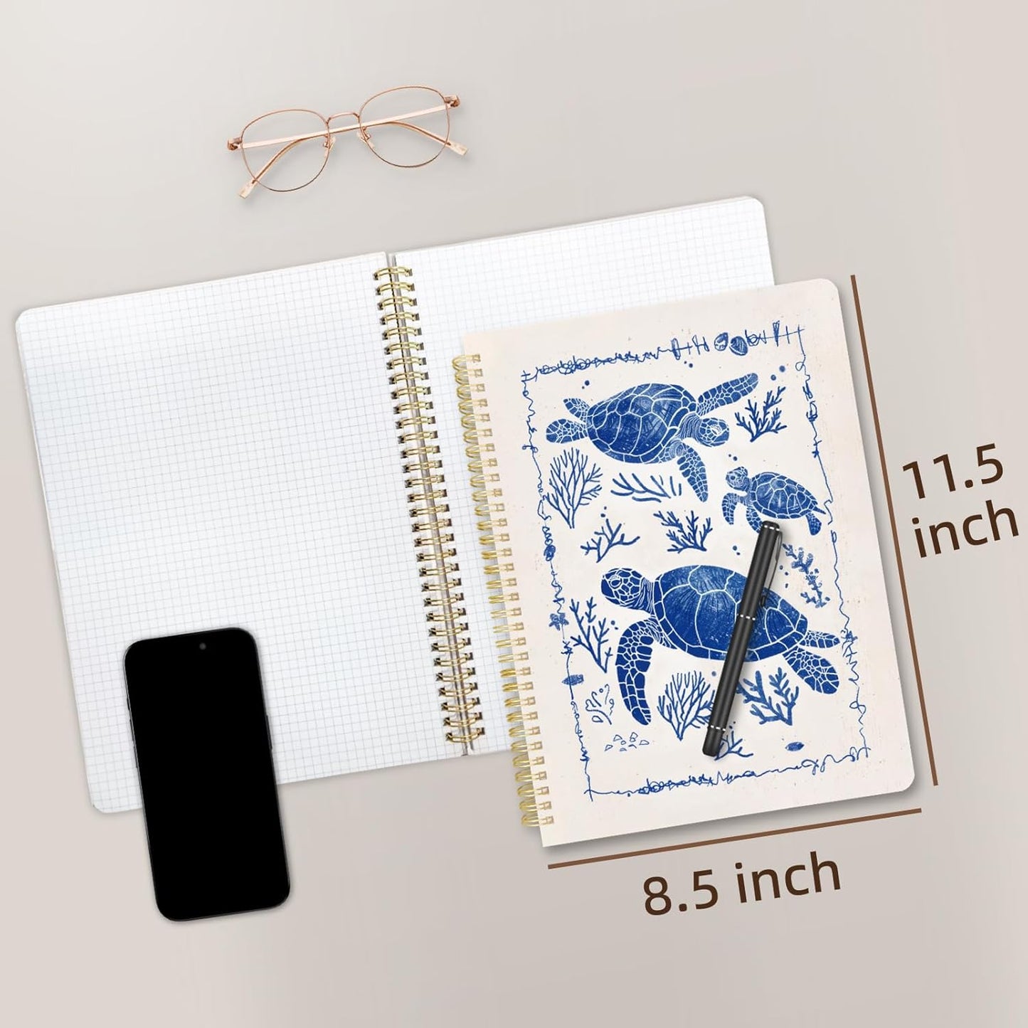 Cute Spiral Notebook journal A4 Aesthetic Pretty Design for Women Girls Kawaii with Pocket, 8.5 x 11 inch, Graph, Turtle