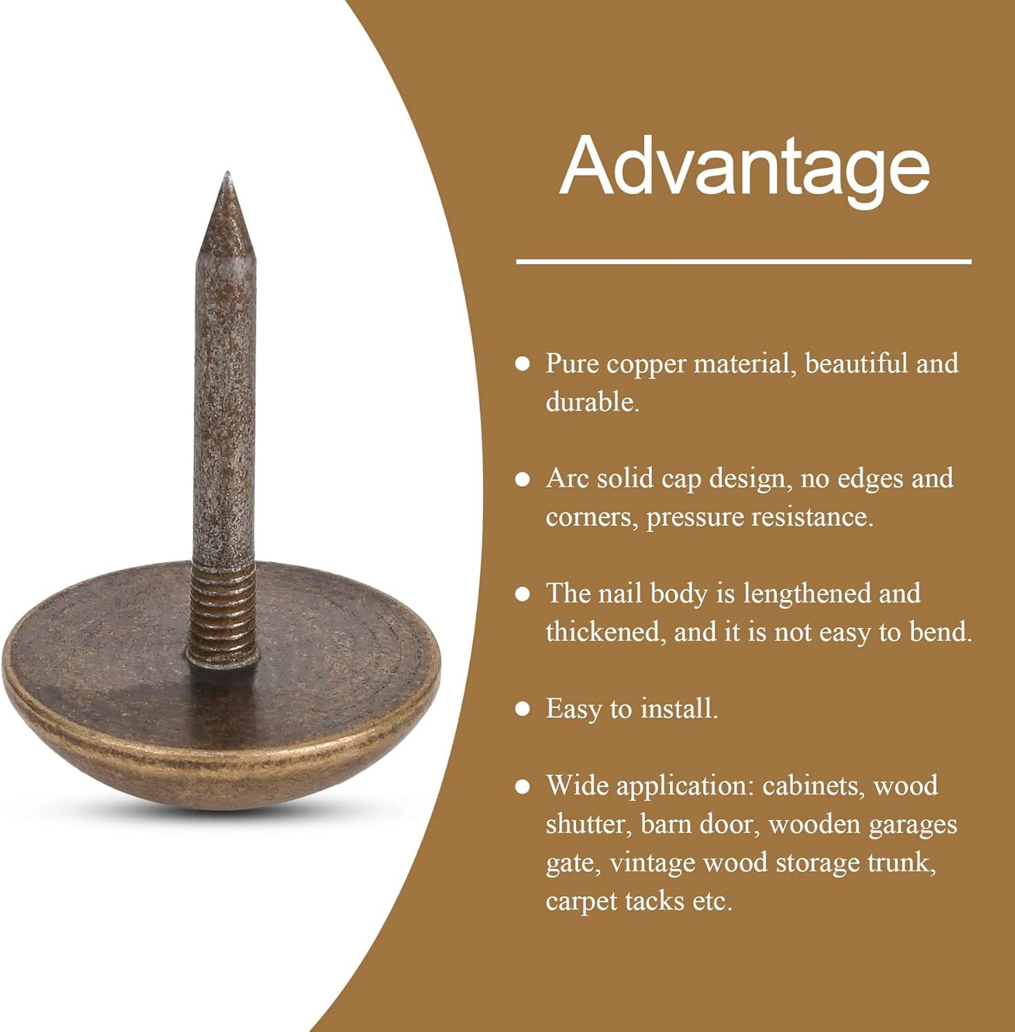 Retro Solid Pure Brass Tacks as Antique Upholstery Tacks for Furniture, Decorative Push Pins for Wood,Carpet Tacks,Hardware Tacks,Cap Tacks,Thumb Tacks,Brass Fasteners(7/10",18mm Brozen Color,10 Pcs)