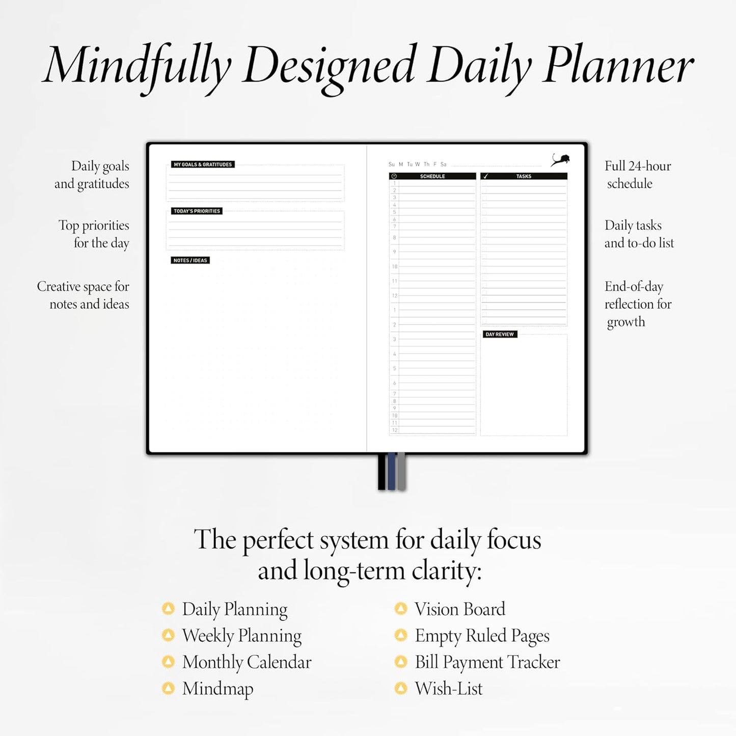 Daily Planner, Calendar & Life Organizer to Improve Time-Management, Productivity & Happiness | Vegan Leather Hardcover Notebook with Blank Dates, Undated 6 Months Hourly Planner for Men & Women, 24 Hour Agenda (Black)