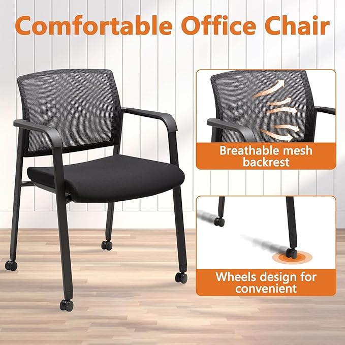 CLATINA Mesh Back Guest Reception Arm Chairs with Wheels, Waiting Room Chairs with Upholstered Fabric Seat and Ergonomic Lumbar Support for Office, 8PK