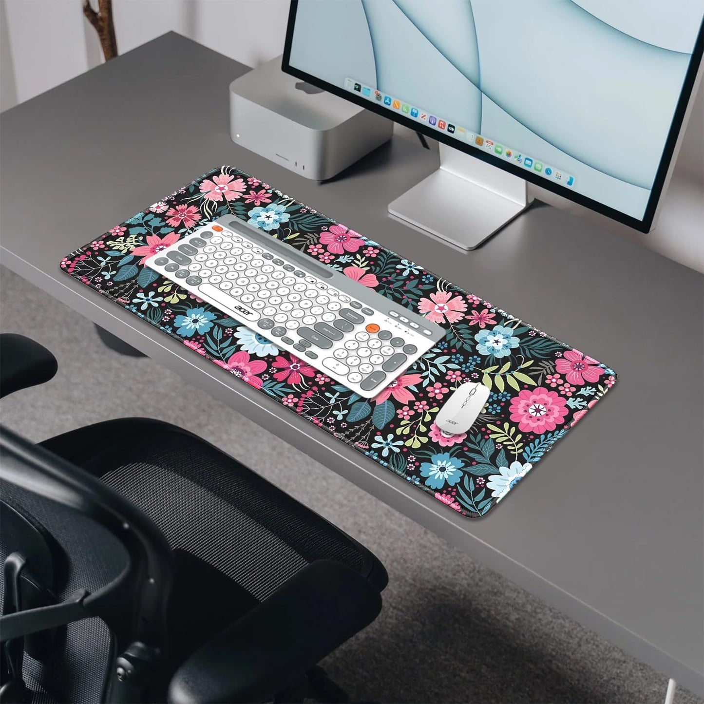 Retro Flowers Mouse Pad,Large Vintage Floral Mousepad Desk Pad with Stitched Edges,Non-Slip Waterproof Rubber Base Mouse Mat for Office Computer Keyboard Laptop Home(27.5x11.8 in)