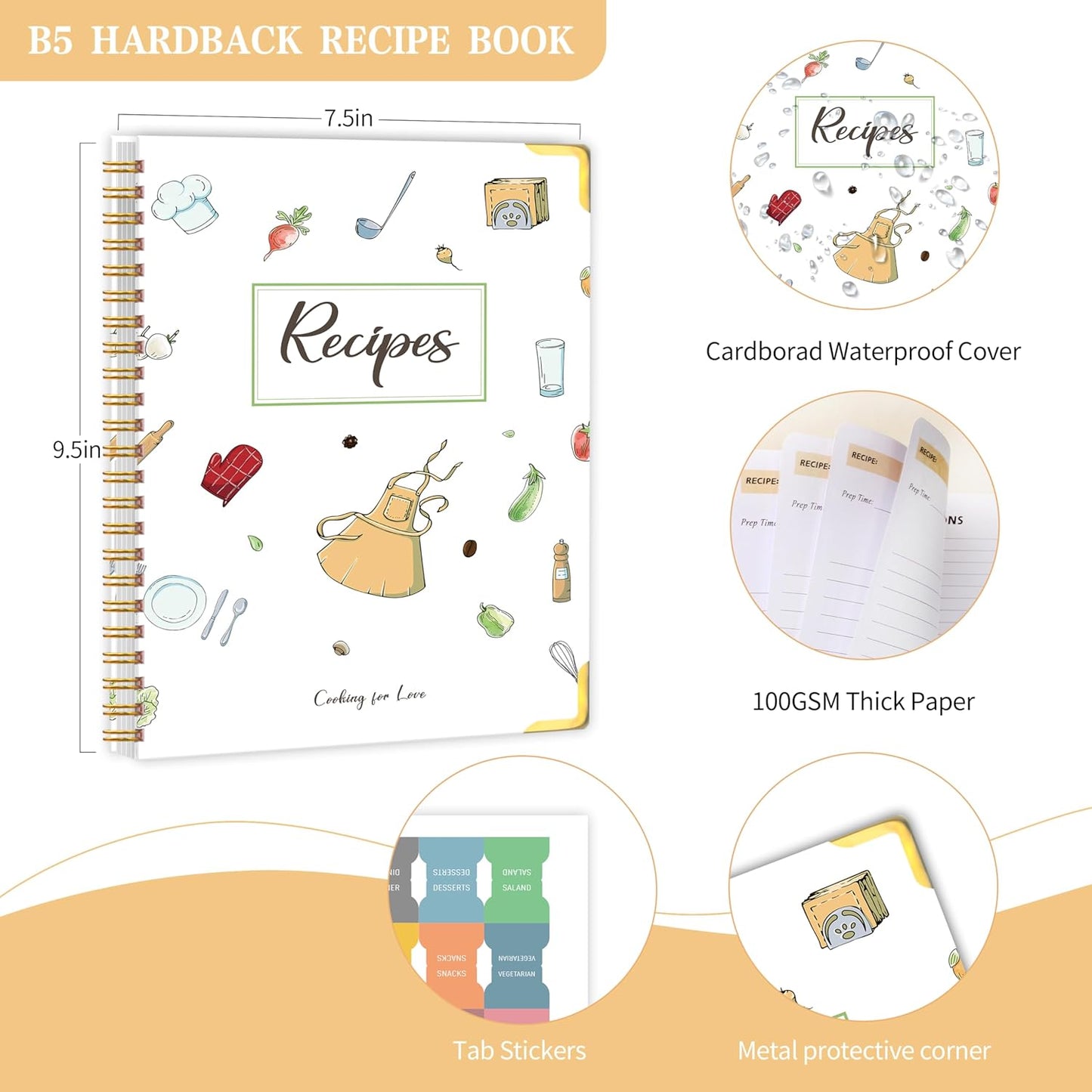 Blank Recipe Book to Write in Your Own Recipes, Blank Cookbook with 175 Pages for Family Cooking Lover, Recipe Notebook with Tab Sticker Sheets, Recipe Journal, Hardcover, 7.5" x 9.5"