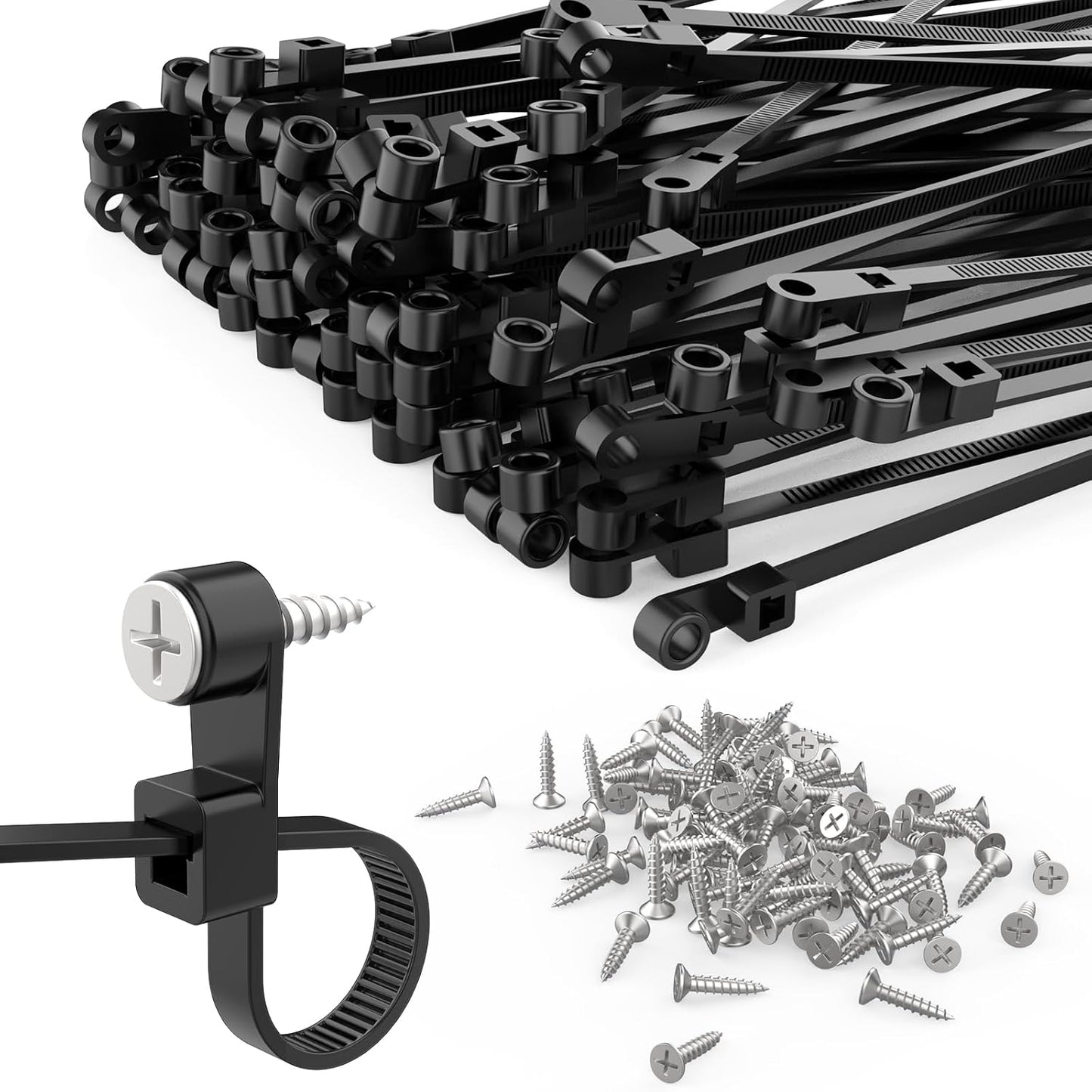150 Pcs 12 inch Zip Ties with Screw Hole + 150 Pcs Screws, 50LBS Black Plastic Ties with Screw Holes and Mounting Screws for Automotive, Fencing & Outdoor Wire Management