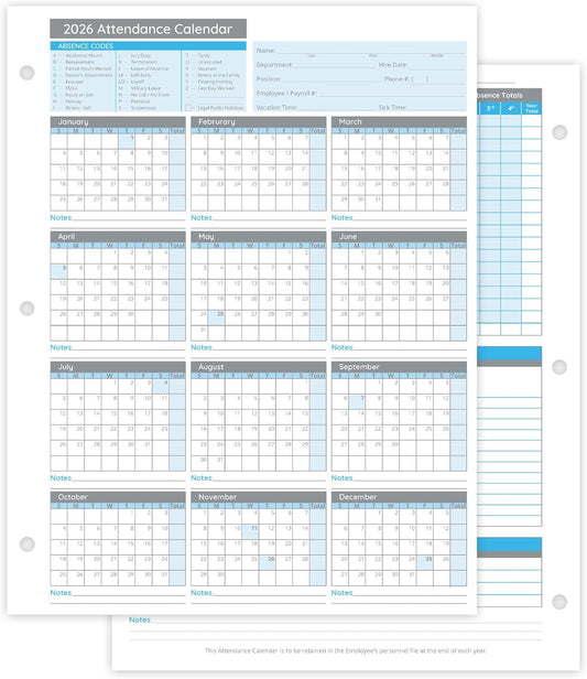 Blue Summit Supplies 50 Sheet Attendance Calendar, Employee 2026 Attendance Sheets for 3 Hole Binder, Convenient Tracker for Employee Attendance Record, Time Off, and Tardiness, 50 Pack