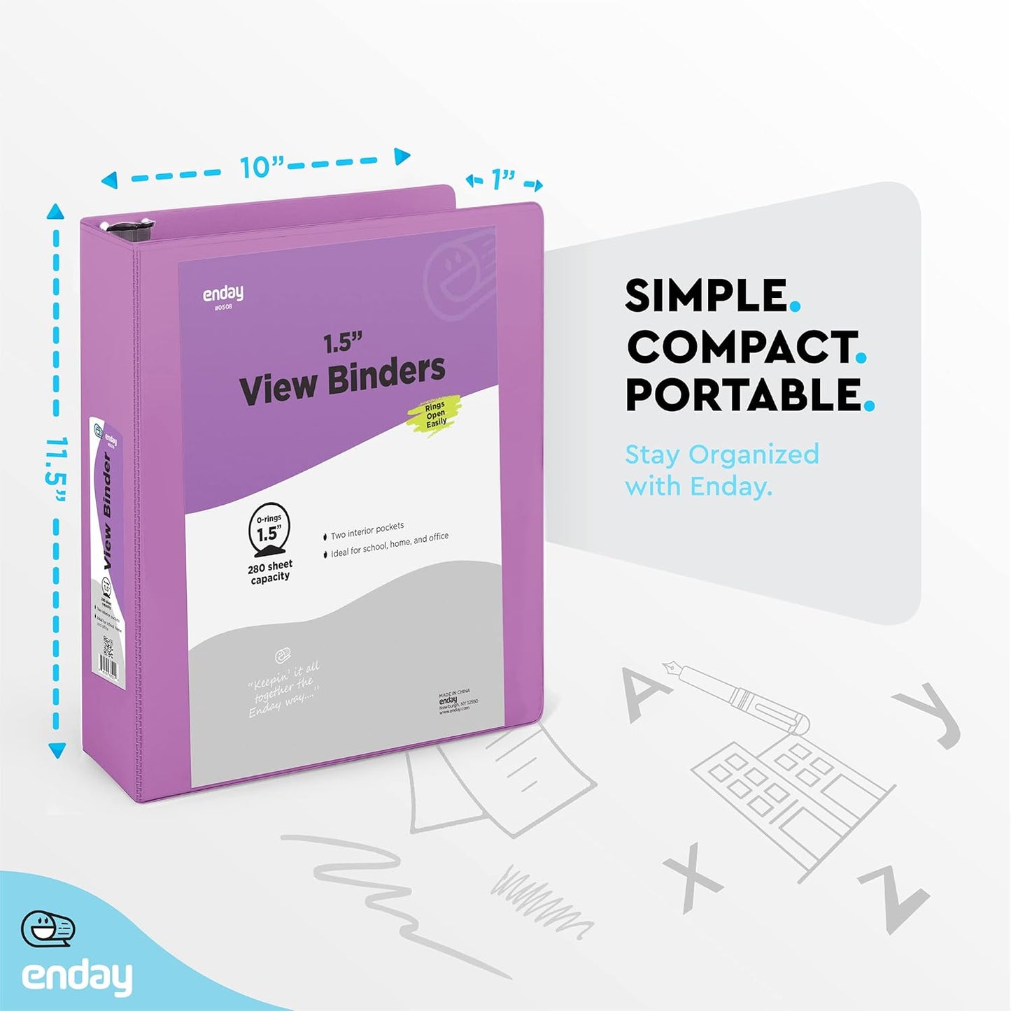 3 Ring Binder Purple, 1.5 Inch Clear View Cover with 2 Inside Pockets Binder, Colored School Supplies 1 ½ Inch Round Ring Binders, Also Available in Red, Blue, Pink, Green, and Grey (6 PC) – by Enday