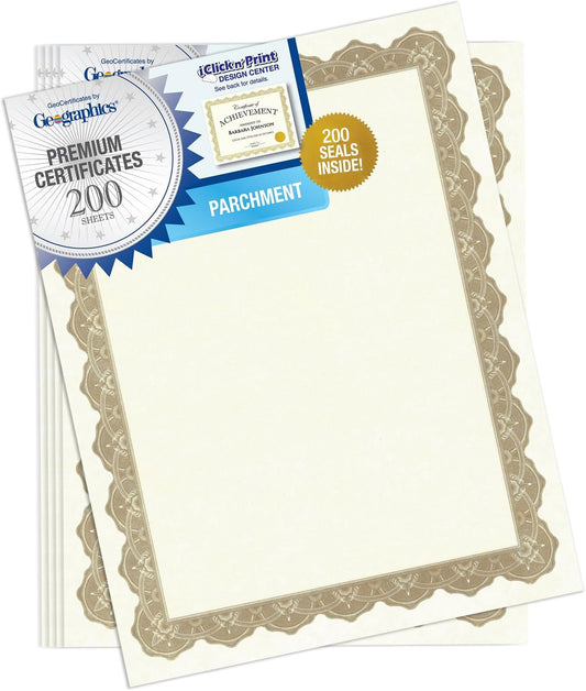 Geographics Optima Gold Blank Award Certificate Paper with Gold Foil Seals, 8.5 x 11, Seal 1.75" (Pack of 200)