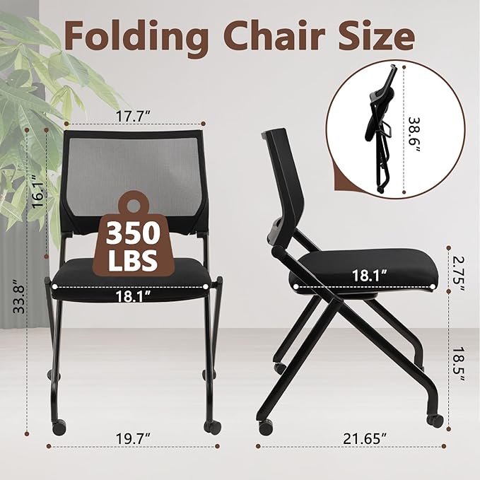 CLATINA Stackable & Foldable Conference Room Chairs, Waiting Room Chairs with Wheels & Lumbar Support, Ergonomic Mesh Bouncing Back Folding Chair for Office Meeting Schools Training Room, Black 10pk