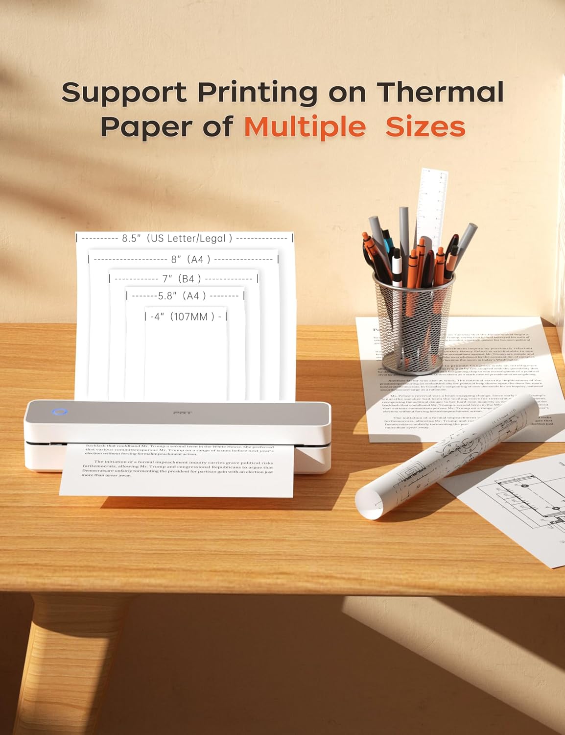 PRT Portable Printer Wireless for Travel, Inkless Bluetooth Small Mobile Thermal Printer, Support 8.5" X 11", A4, Compatible with iOS, Android, Laptop for Home Use, Office & Vehicles, 300 DPI, White