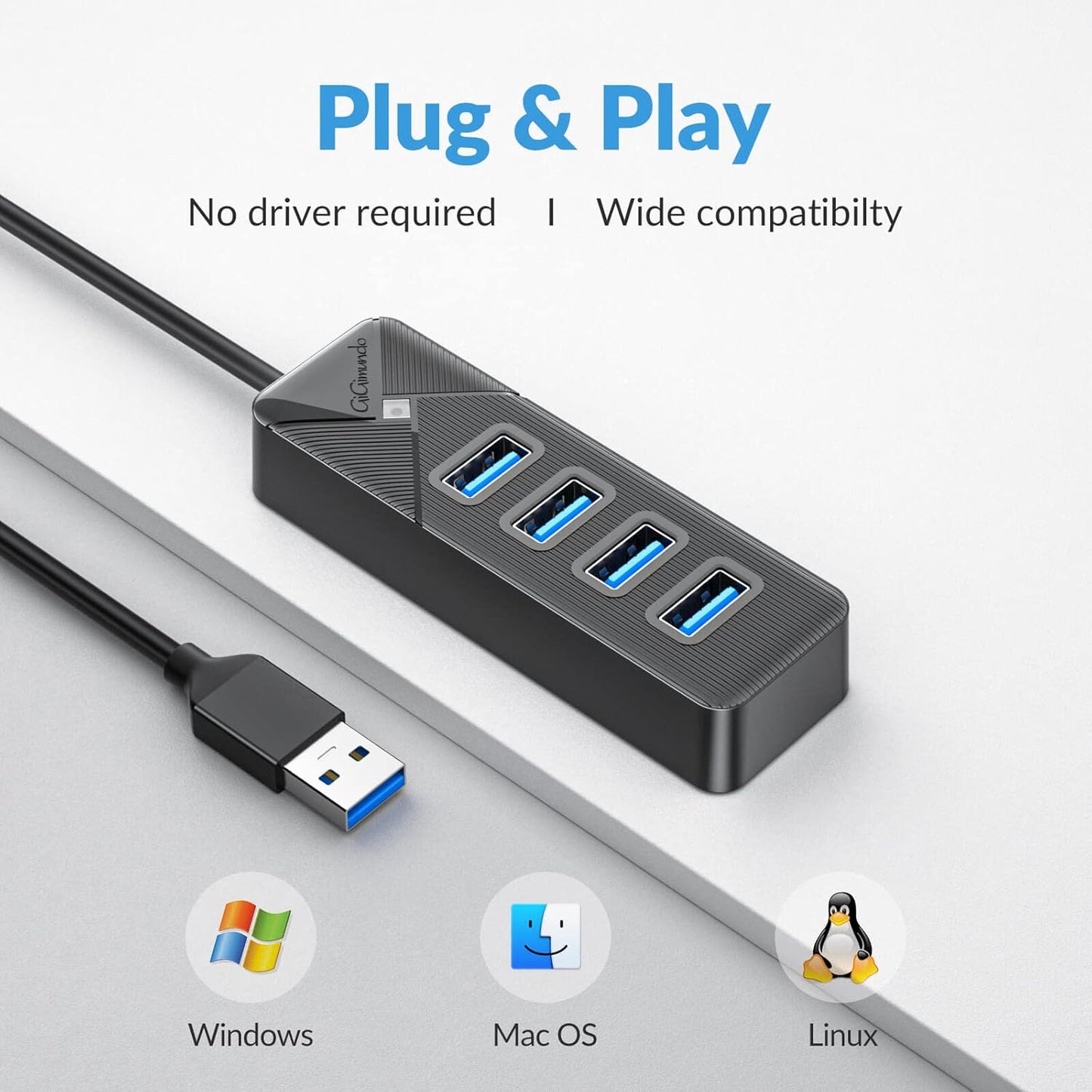 PG4U-U3 4-Port USB 3.0 Hub - 0.15M Cable, 5Gbps High-Speed Data Transfer, Multi USB Port Expander for Windows/Mac/Linux, USB Splitter for PC, Laptop, Mac/MacBook Air/Pro - Black