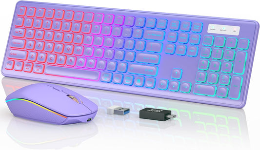 Wireless Keyboard and Mouse Combo, RGB Backlit, Rechargeable & Light Up Letters, Full-Size, Ergonomic Tilt Angle, Sleep Mode, 2.4GHz Quiet Keyboard Mouse for Mac, Windows, Laptop, PC, Trueque(Purple)