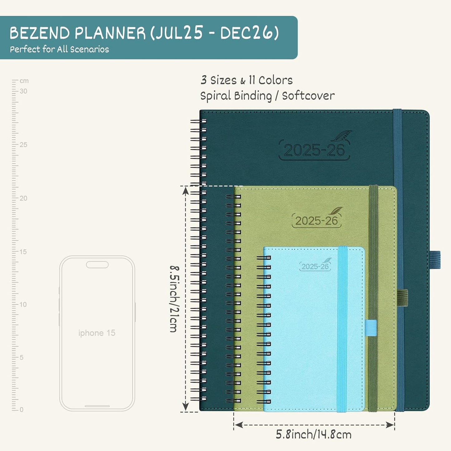 BEZEND Planner 2025-2026 Weekly and Monthly, 5.8" x 8.5" Academic Calendar (Jul 25-Dec 26) Vertical Daily Appointment with Hourly Timeslot & Monthly Tab, Spiral, PU Leather Softcover - Kiwi