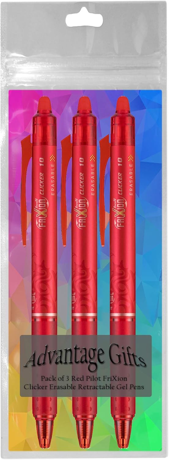 FriXion Clicker Retractable Erasable Gel Pen, Red, Bold Point, 3-pk; Bundle with Plastic Reusable Pouch