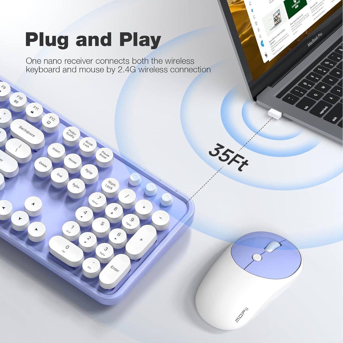 MOFII Wireless Keyboard and Mouse Combo, Typewriter Full-Sized Retro Keyboard and 2.4GHz Connected Mouse for Windows, Computer, Desktop, PC, Notebook, Laptop (Purple)