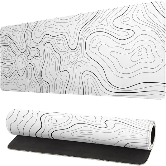 Gaming Mouse Pad Topographic Large Mousepad Keyboard 31.5 x 11.8in for Non-Slip Base and Stitched Edge, Extended Desk Pad XL Desk Mat (White)