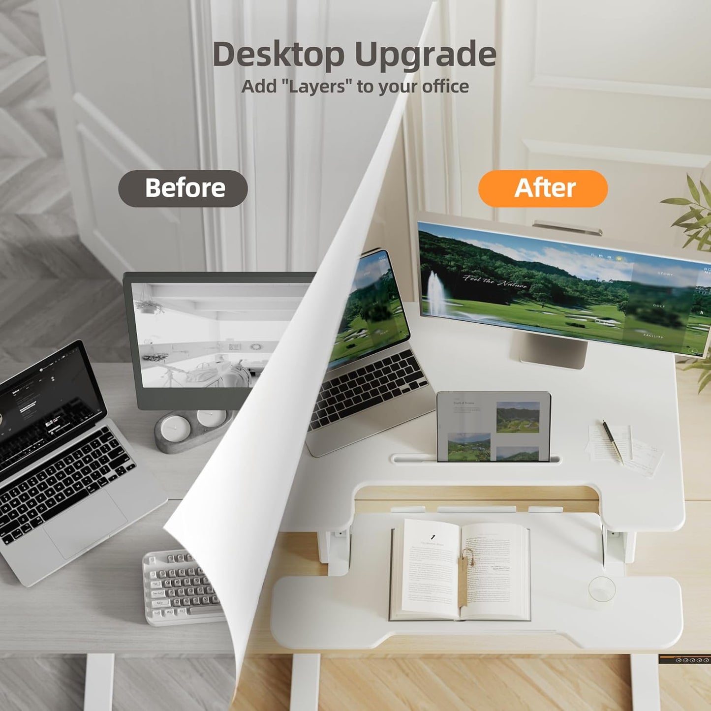 Claiks Standing Desk Converter 36 inch, Height Adjustable Sit Stand Up Desk Riser, Quick Sit to Stand Tabletop Dual Monitor Riser Workstation for Home Office with Keyboard Tray, White