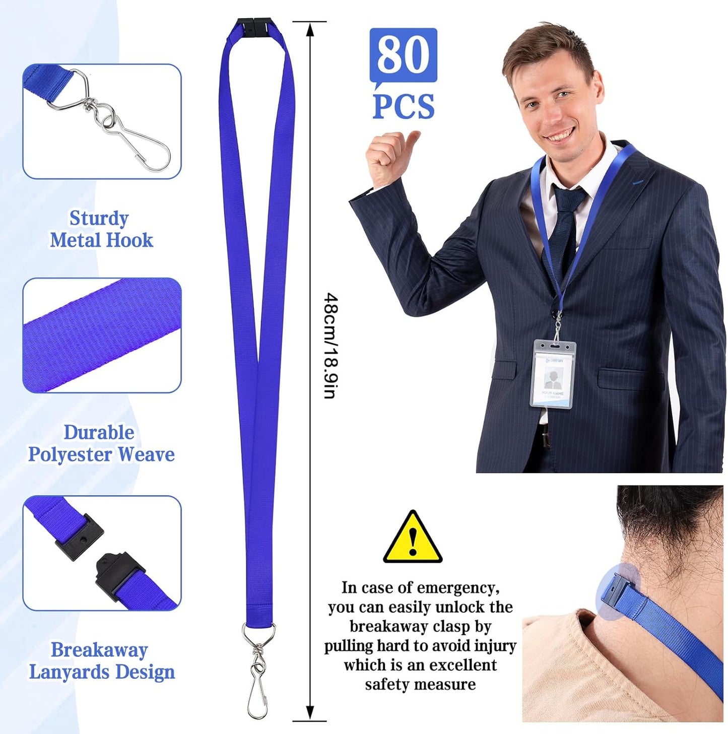 80 Pcs Breakaway Lanyard for Id Badges, 8 Color Breakaway Flat Badge Lanyards with Swivel J Hook Break Away Lanyards for Teachers Volunteers Student Team Activities