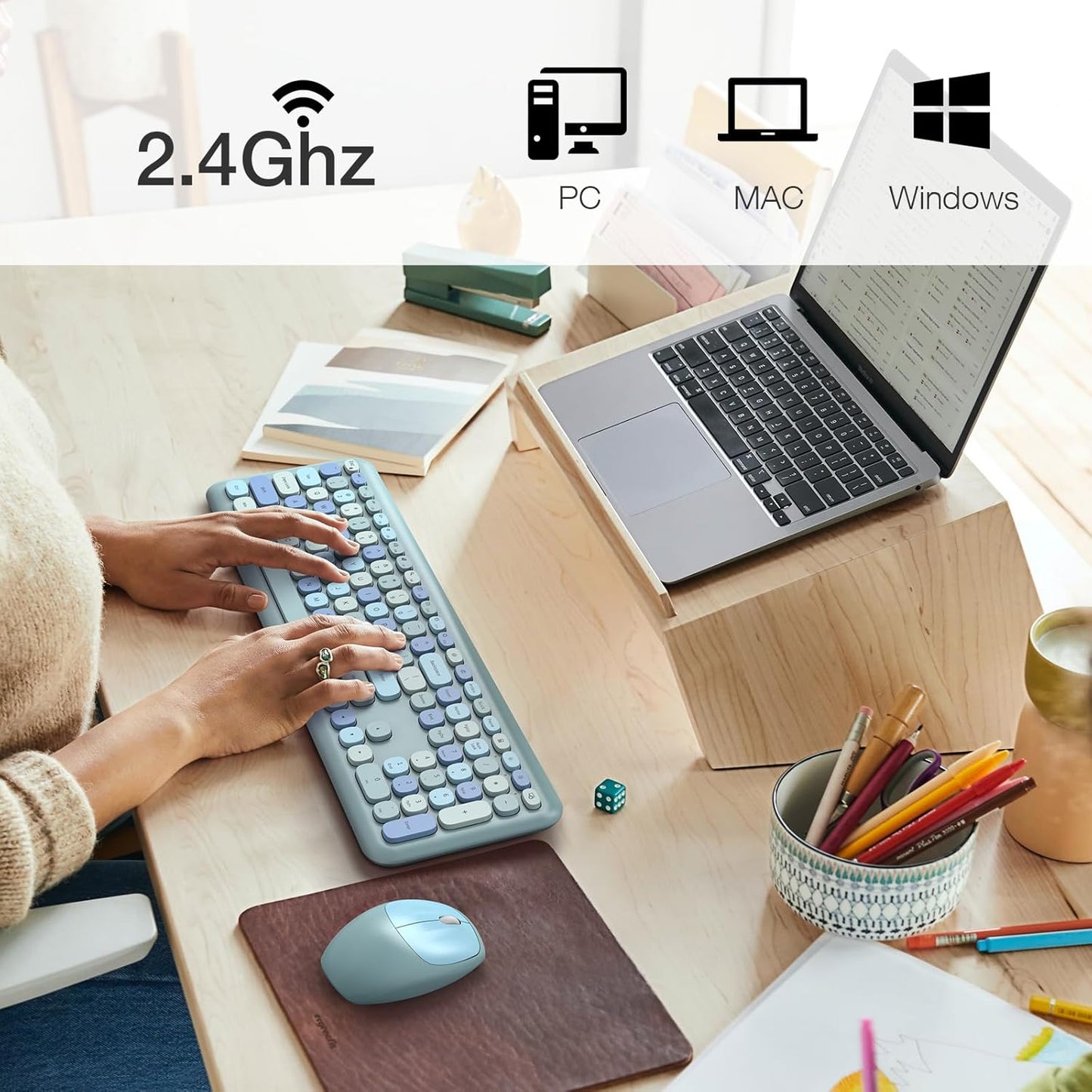 MOFII Wireless Keyboard and Mouse Combo, 2.4G Slim Full-Sized Ergonomic Keyboard Mouse for PC Desktop Laptops Windows (Blue Colorful)