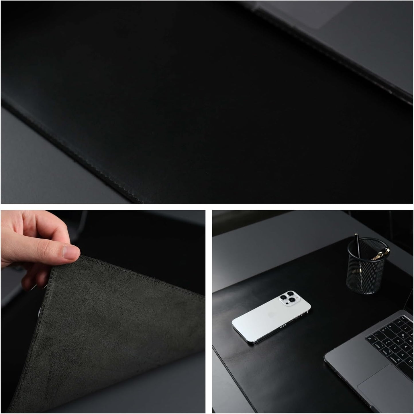 Jersey Genuine Calfskin Leather Desk Pad, Office Desk Mat with Non-Slip Bottom, Smooth Surface for Mouse & Keyboard, Desk Protector (14.6x31.5 inches) (Black)