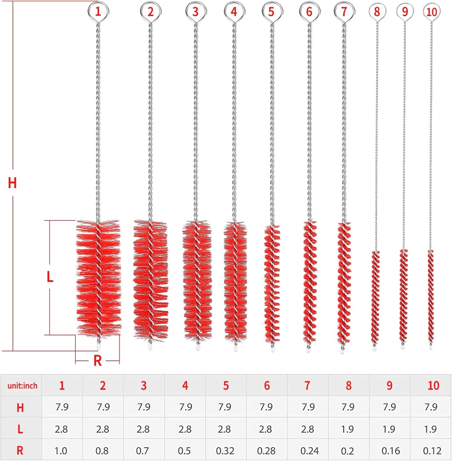 CiaraQ Bottle Cleaning Brushes, 8 Inch Nylon Tube Brush Set, Cleaner for Narrow Neck Bottles Cups with Hook, Set of 10pcs. Red