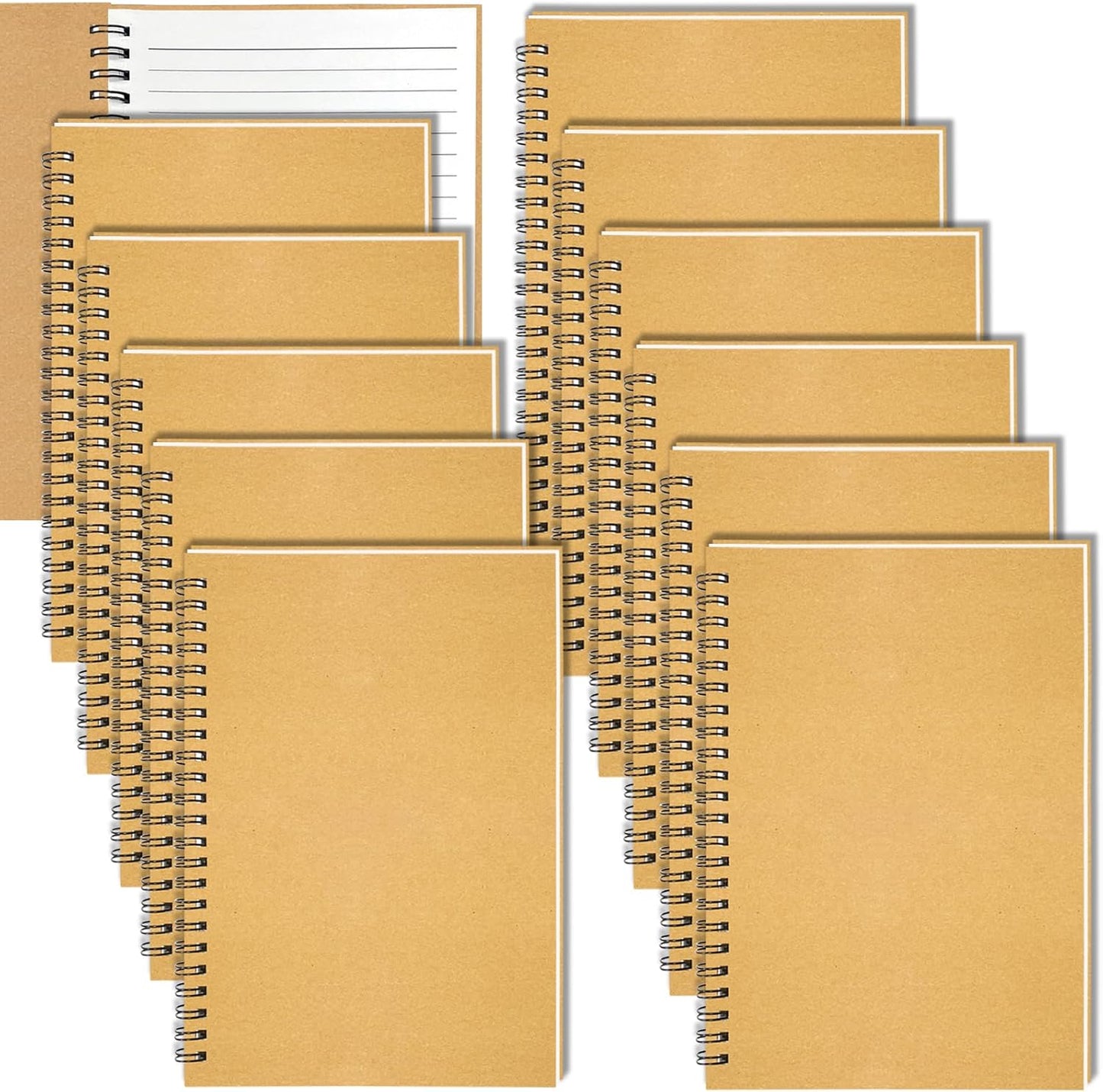 12Pack Small Spiral Notebook A5, 8.25x5.5” 120 Lined Pages Brown Wide Ruled Spiral Journal Bulk Blank Kraft Cover Spiral Bound Notebook & Writing Pads for Home Office Meeting Work Note Taking