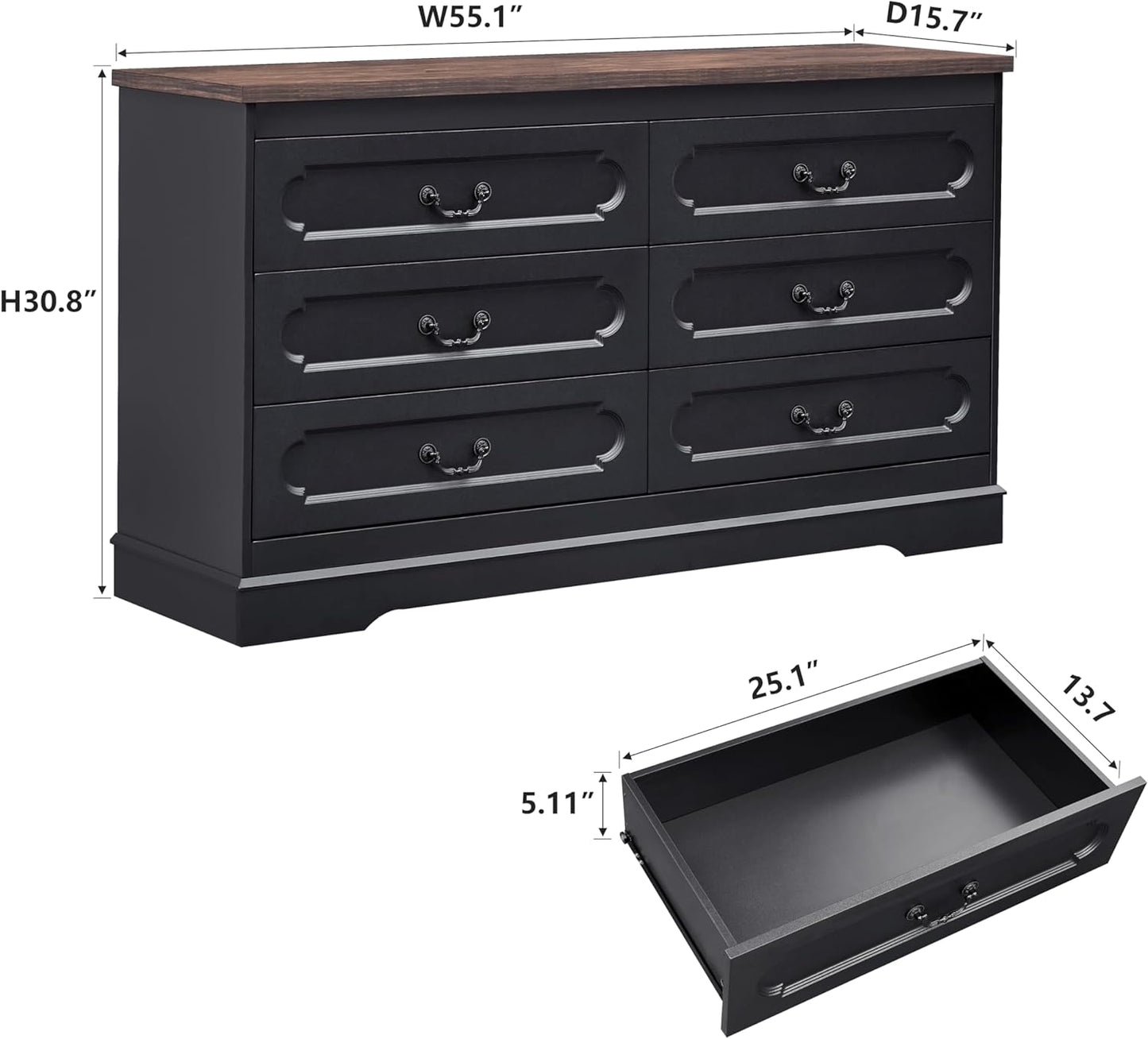 LIDYUK 6 Drawer Dresser for Bedroom Farmhouse Black Tall Wood Chest of Drawers for Bedroom Dresser, Modern Rustic 55" Wide Drawers Dressers Wooden Closet and Storage Cabinet, Hallway, Living Room