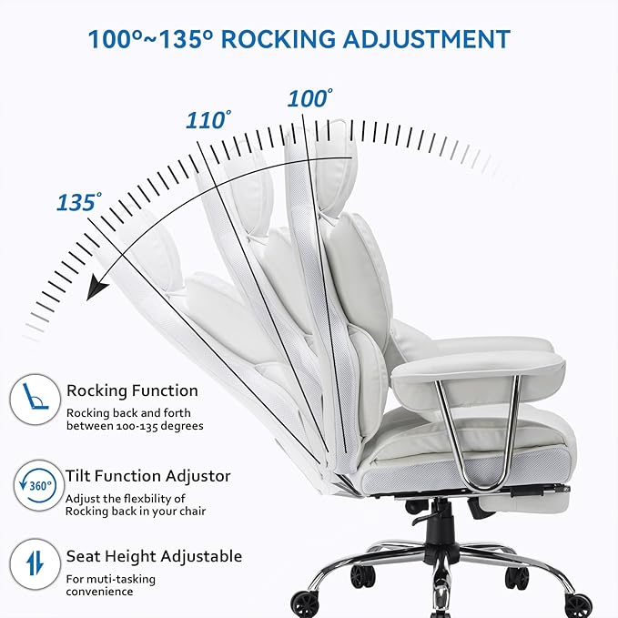 Efomao Big and Tall Office Chair 400lbs – High Back PU Leather Executive Chair with Lumbar Support, Footrest, Swivel Base, Padded Armrests, and Rolling Wheels for Home Office, White Computer Chair