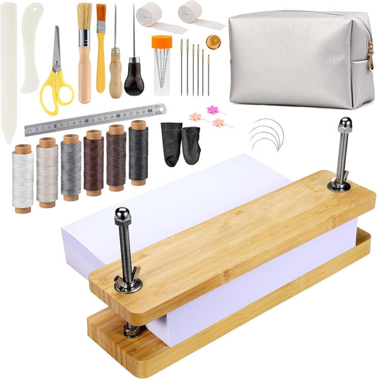 Book Binding Kits with 49 Pcs Hand Bookbinding Tools - Book Press with Anti-Slip Mat, Plastic Bone Folder, Waxed Thread, Bamboo Book Binding Materials DIY Bookbinding Crafts