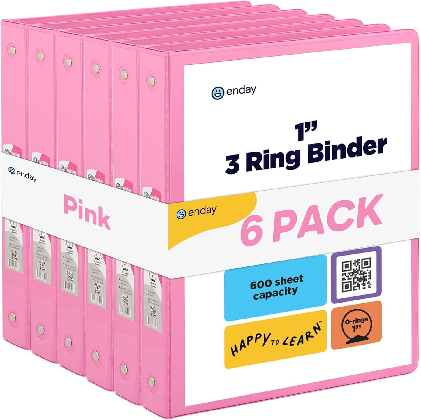 3 Ring Binder Pink, 1 Inch, 1” Clear View Cover with 2 Inside Pockets Round Ring Binder, Colored School Supplies Binders, Also Available in Grey, Blue, Purple, Green, and Red (6 PC) – by Enday